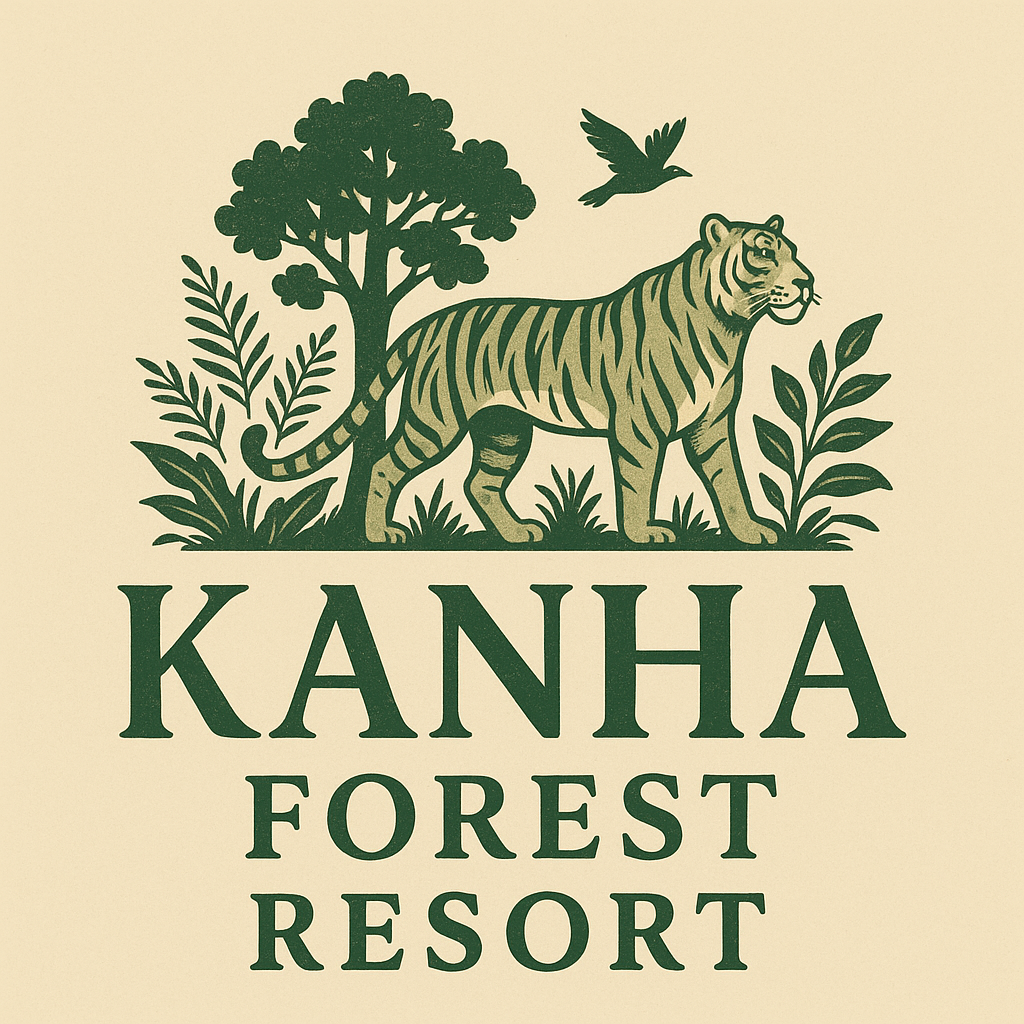 Logo for "Kanha Forest Resort" featuring a green tiger walking among lush foliage with a tall tree and a flying bird above. The resort name is displayed below in bold, green capital letters on a beige background, emphasizing a nature-inspired theme.